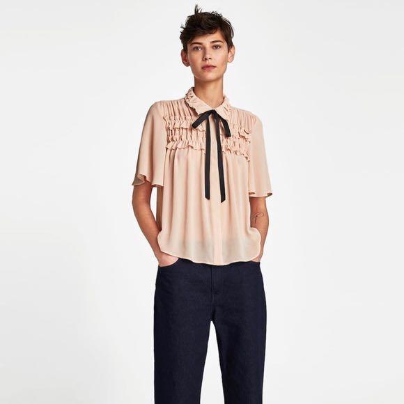 Zara ruffled blouse with bow deals