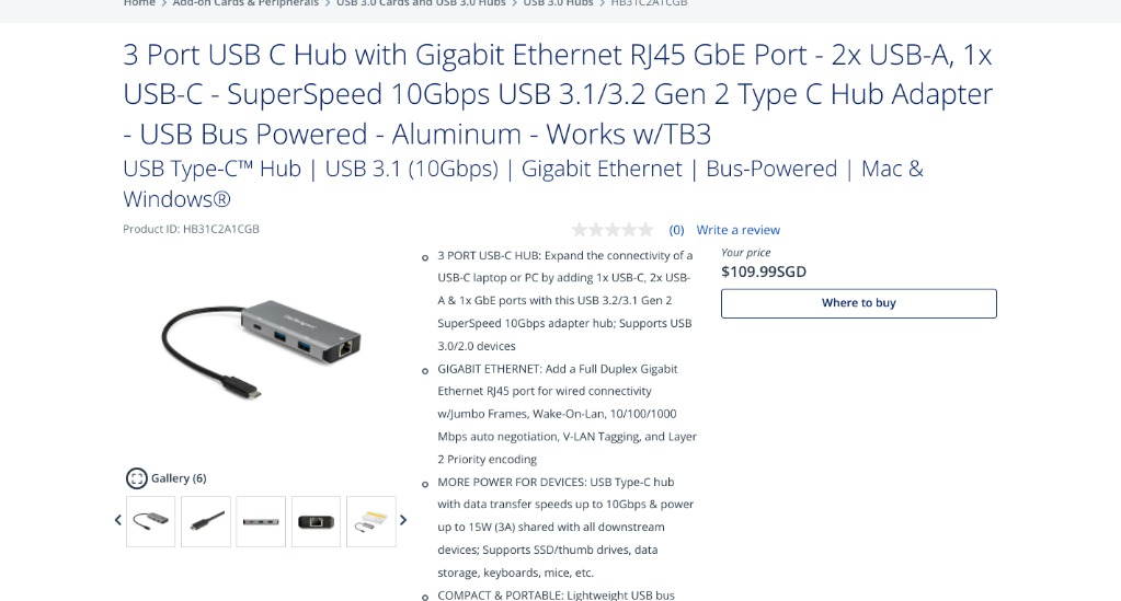 3 Port USB C Hub with Gigabit Ethernet RJ45 GbE Port - 2x USB-A, 1x USB-C -  SuperSpeed 10Gbps USB 3.2 Gen 2 Type C Hub Adapter - USB Bus Powered 