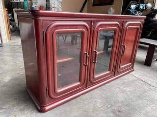 Elegant Lateral Cabinet
L56 W17 H29 inches
Solid wood
Glass doors
Adjustable shelves
In good condition