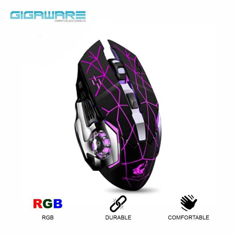 Gigaware Wolf X8 6 Buttons RGB Back-light Wireless Gaming Mouse (Category: Mouse & Mousepads) located in Manila. Submitted by gigaware (Listing ID 1157920904, Image 1). Description: Specification: Mouse net weight: about 120G Response speed: 150PS Product size: about 138*80*38MM/ 5.43 * 3.15 * 1.5IN Number of buttons: 6 Optical resolution: 1800 2.4GHz Features: 2.4GHz Wireless Silent Rechargeable (Lithium-Ion Battery, Power-saving Chip) & Fast Tr