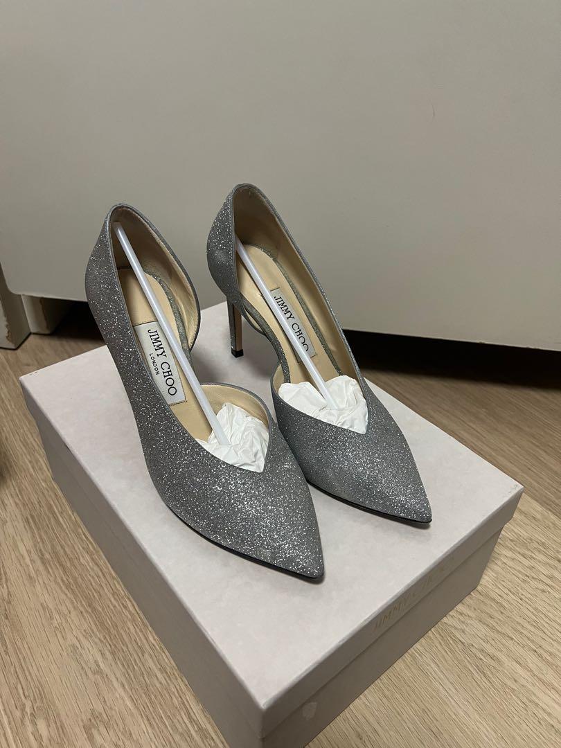 JIMMY CHOO Sophia 85 Leather Glitter Silver Heels Carousell