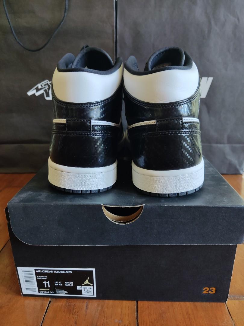 Nike Air Jordan 1 Mid Carbon Fiber Panda Black White Patent, Men's