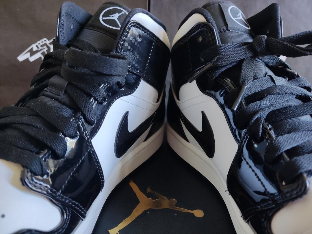 Nike Air Jordan 1 Mid Carbon Fiber Panda Black White Patent, Men's
