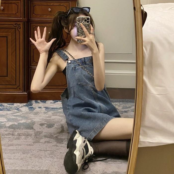 Overall strap dress shop