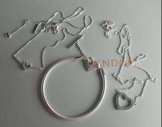 Pandora set of heart necklace and bracelet in silver