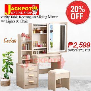 Vanity Table Rectangular Sliding Mirror with LED Lights and Chair