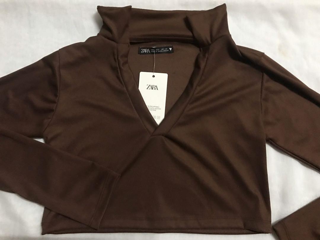 Zara Brown Long Sleeve Crop Top, Women 
