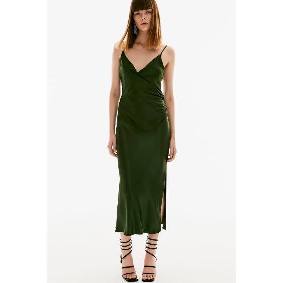 green emerald velvet dress Zara Neon Lime Green Cami Satin Midi Dress main image 1