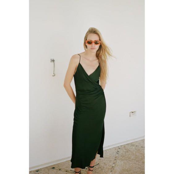 Zara Satin Drape Cami Dress in Olive Green, Women's Fashion, Dresses &  Sets, Dresses on Carousell