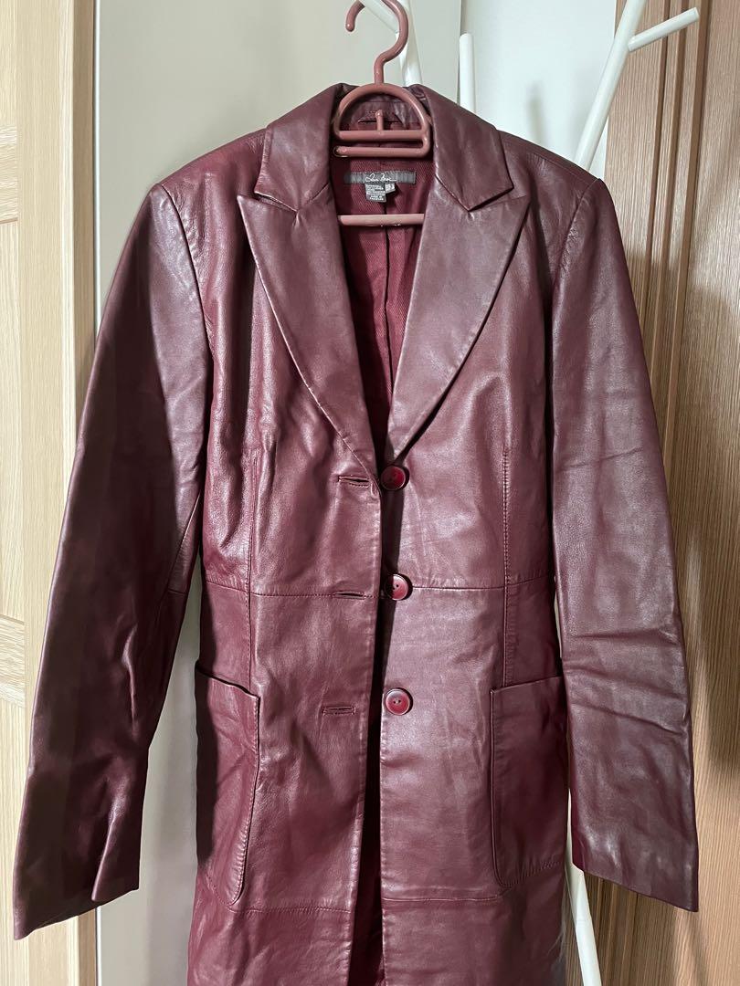 100% leather Burgundy purple brown red leather blazer jacket outerwear coat,  Women's Fashion, Coats, Jackets and Outerwear on Carousell