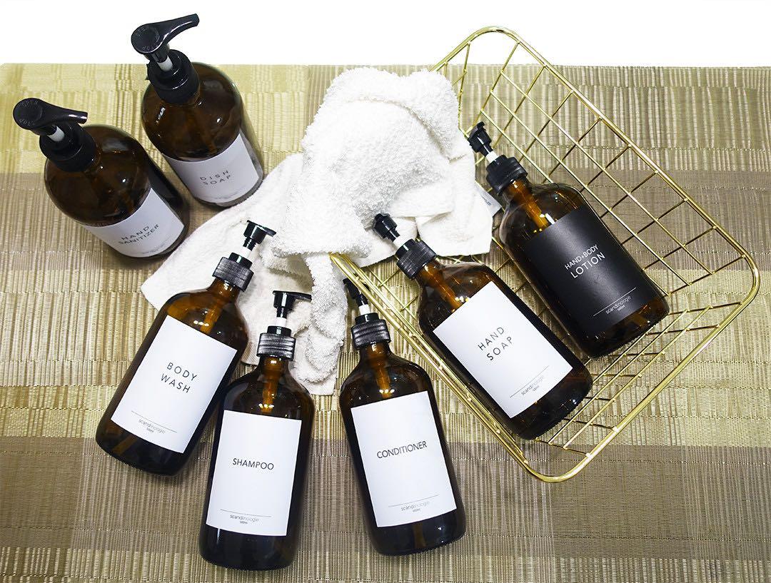 Amber Glass Pump Bottles 500ml with label (Category: Hands & Nails) located in Quezon City. Submitted by ccshoppe (Listing ID 1152942923, Image 3). Description: Amber Glass Pump Bottles with label ✅ 500ml (empty / refillable) 📌with minimalist waterproof labels: -hand soap -hand + body lotion -hand sanitizer -dish soap -body wash -shampoo -conditioner 📌P220 each Message for inquiries.
