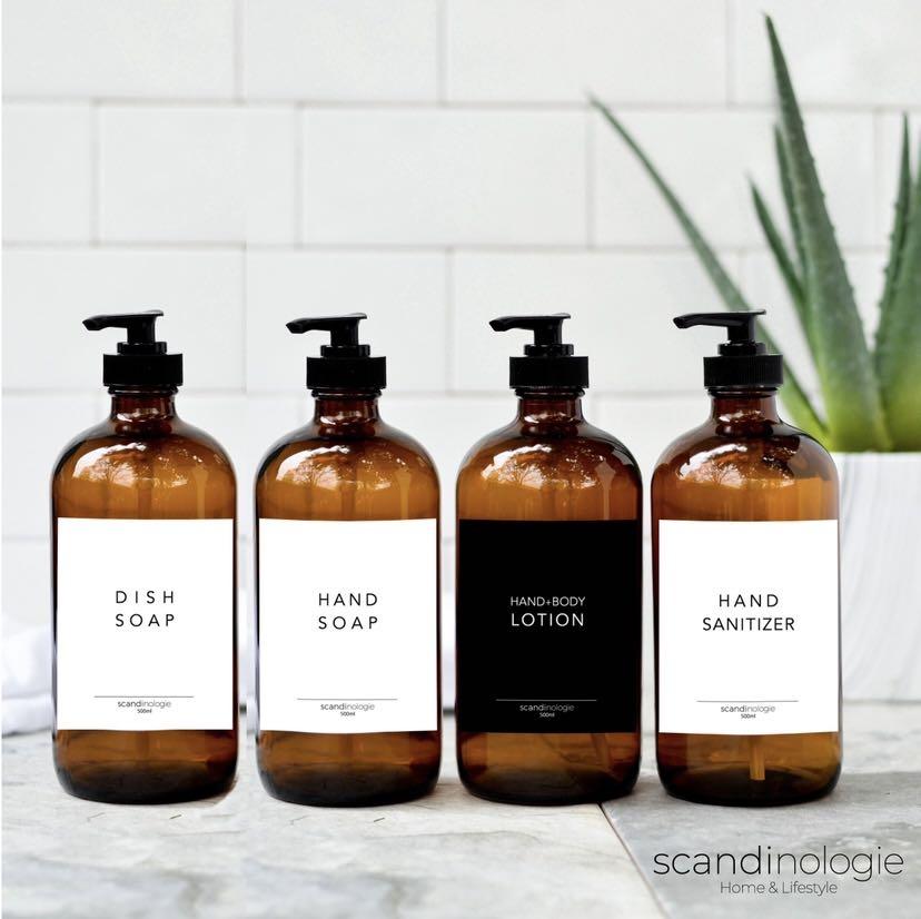 Amber Glass Pump Bottles 500ml with label (Category: Hands & Nails) located in Quezon City. Submitted by ccshoppe (Listing ID 1152942923, Image 1). Description: Amber Glass Pump Bottles with label ✅ 500ml (empty / refillable) 📌with minimalist waterproof labels: -hand soap -hand + body lotion -hand sanitizer -dish soap -body wash -shampoo -conditioner 📌P220 each Message for inquiries.