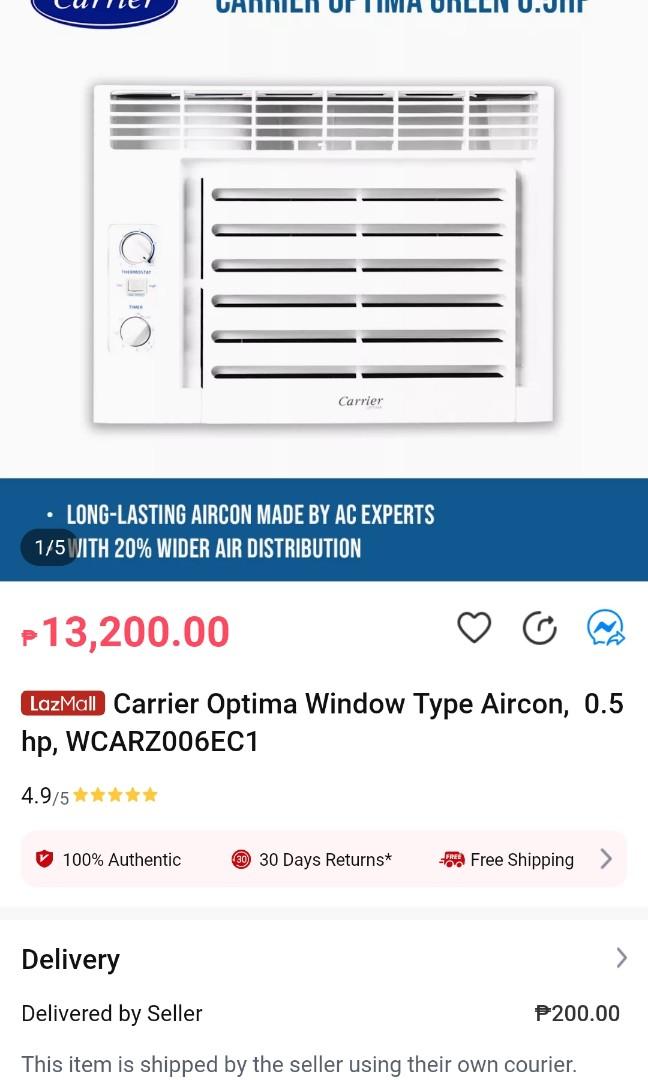 Carrier Optima 0.5HP Window Type Aircon with Timer WCARZ006EC1, TV ...