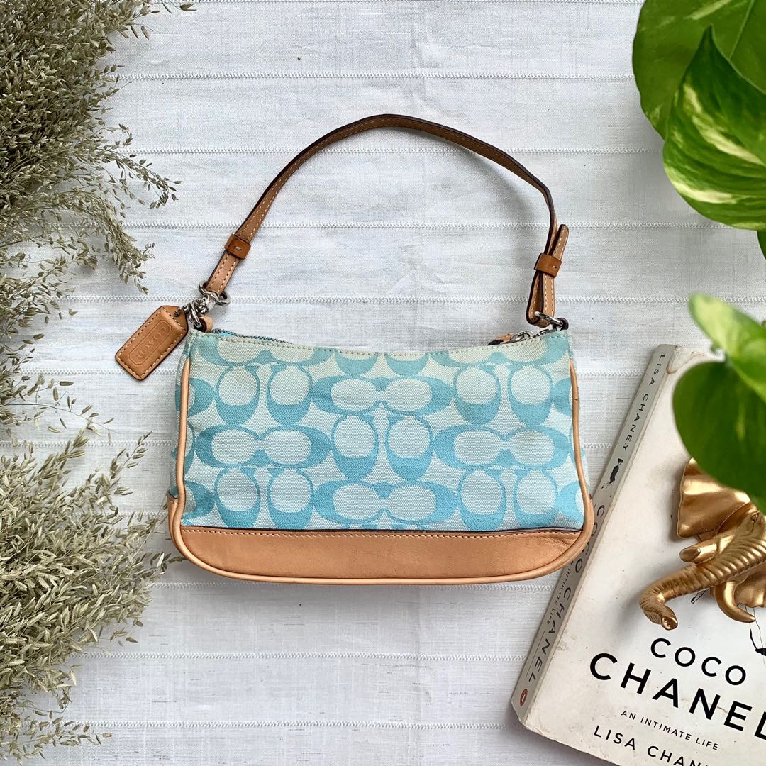 Coach Signature Demi Pochette Bag in IcyMint Canvas and Beige Leather