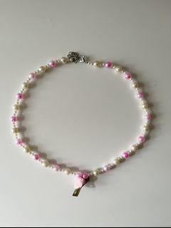 coquette dollette ribbon rose pearl beaded necklace