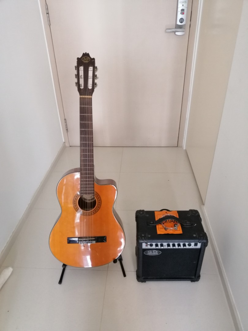 Classical Acoustic Guitar w/ electric jack + Amp + extra strings