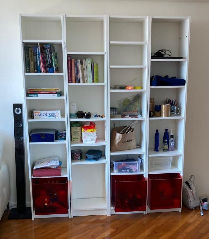 Ikea Bookcase With Red Storage Boxes, Ikea Book Shelves With Storage Baskets