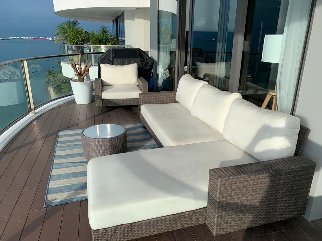 L shape outdoor sofa with chair, table and built in storage. King