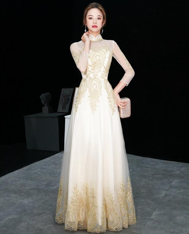 pre order cream gold cheongsam long sleeve wedding bridal evening