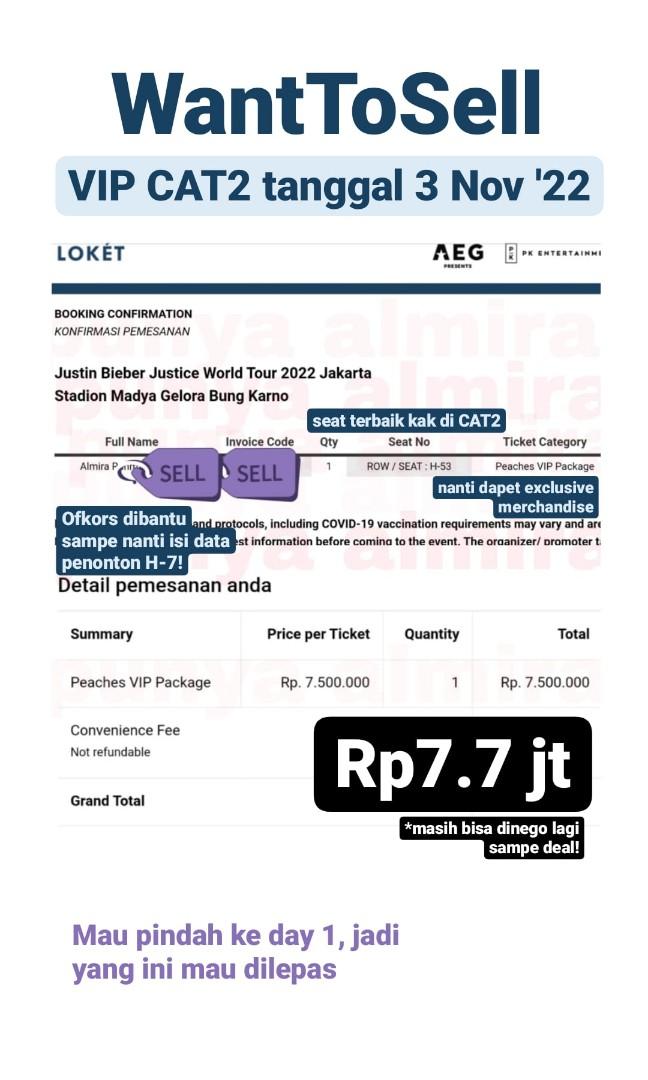 PEACHES VIP CAT 2 Tiket Justin Bieber Justice Tour Indonesia 3 November