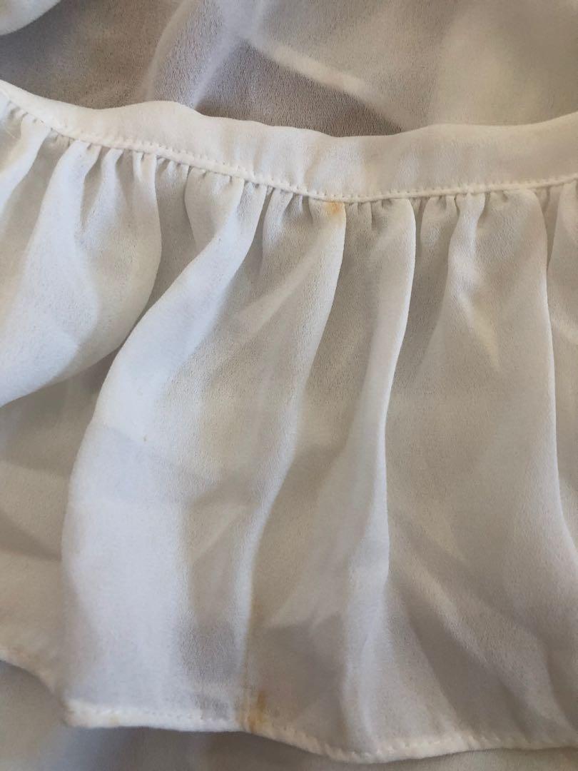 White Cold Shoulder Top (Category: Blouses) located in Taguig. Submitted by declutteringthings0908 (Listing ID 1152898512, Image 3). Description: With yellow stains but I think it can be washed off. Also available in black and purple. RFS: decluttering MOP: BPI, BDO, or GCash.