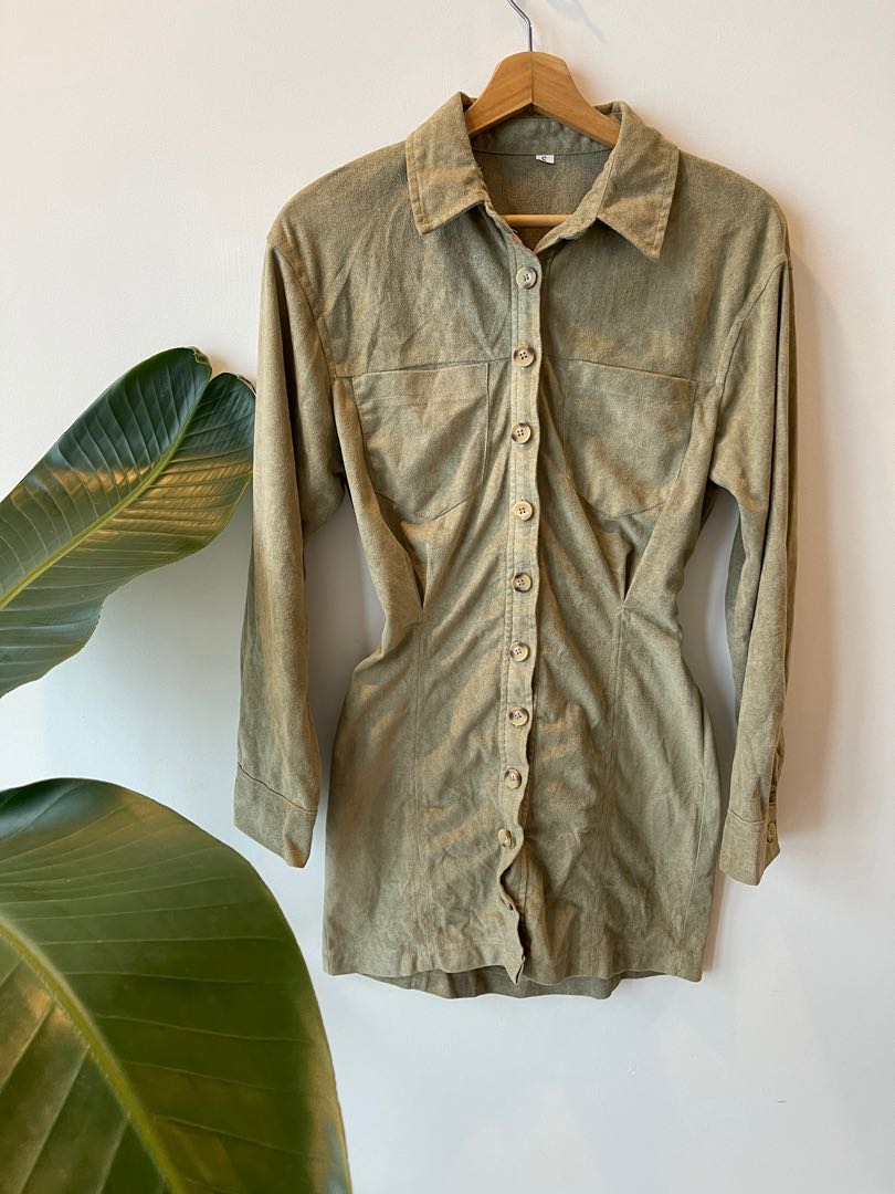 Army Green Shirt Dress, Women's Fashion, Dresses & Sets, Dresses on