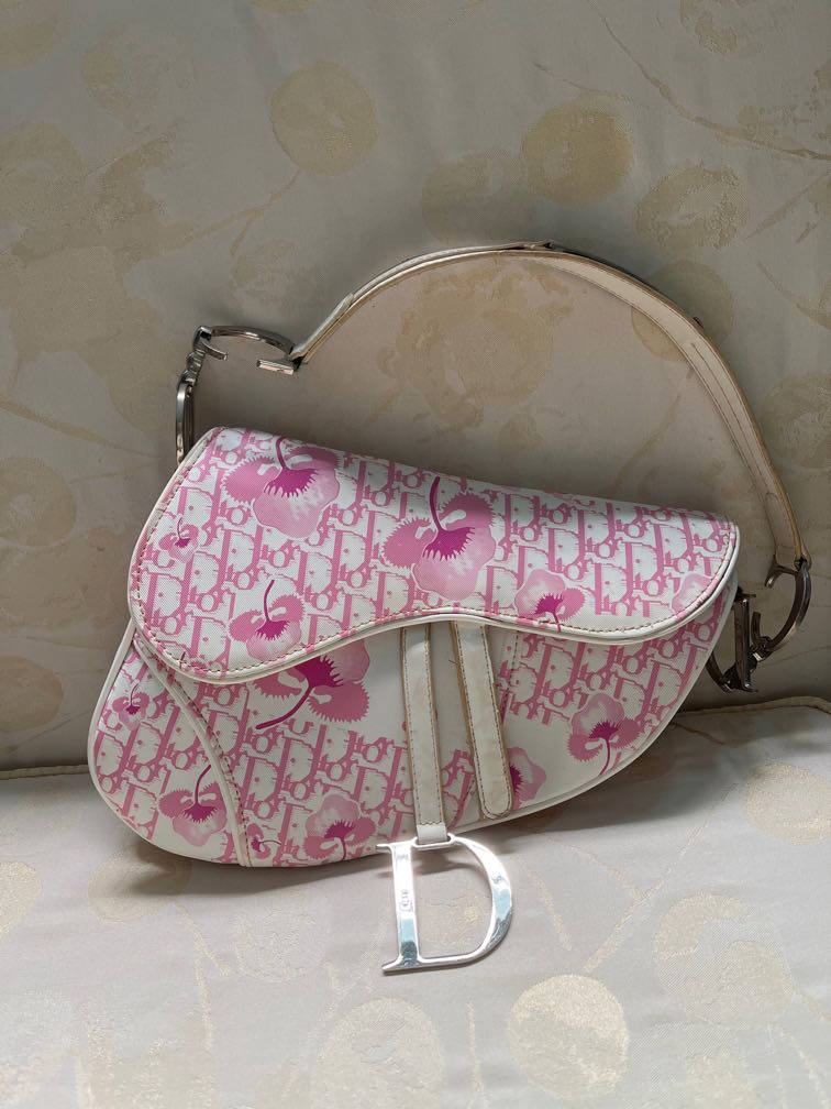Dior Dark Grey/Pink Denim and Glazed Leather Saddle Bag Dior