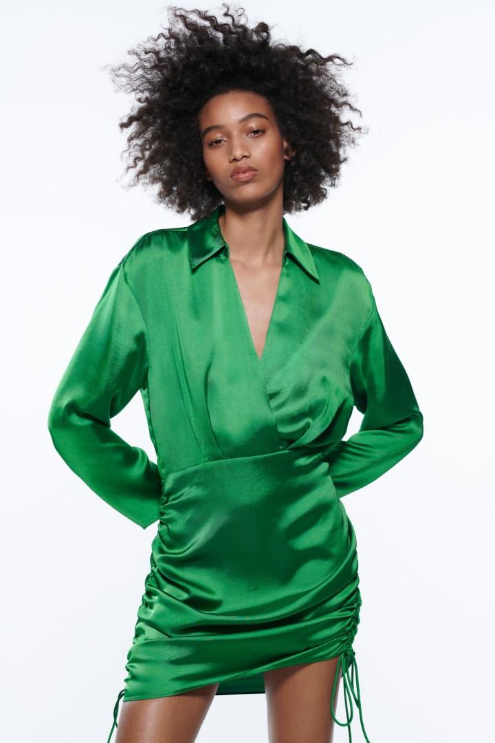 BNWT ZARA Satin Shirt Dress with Ruched Black S