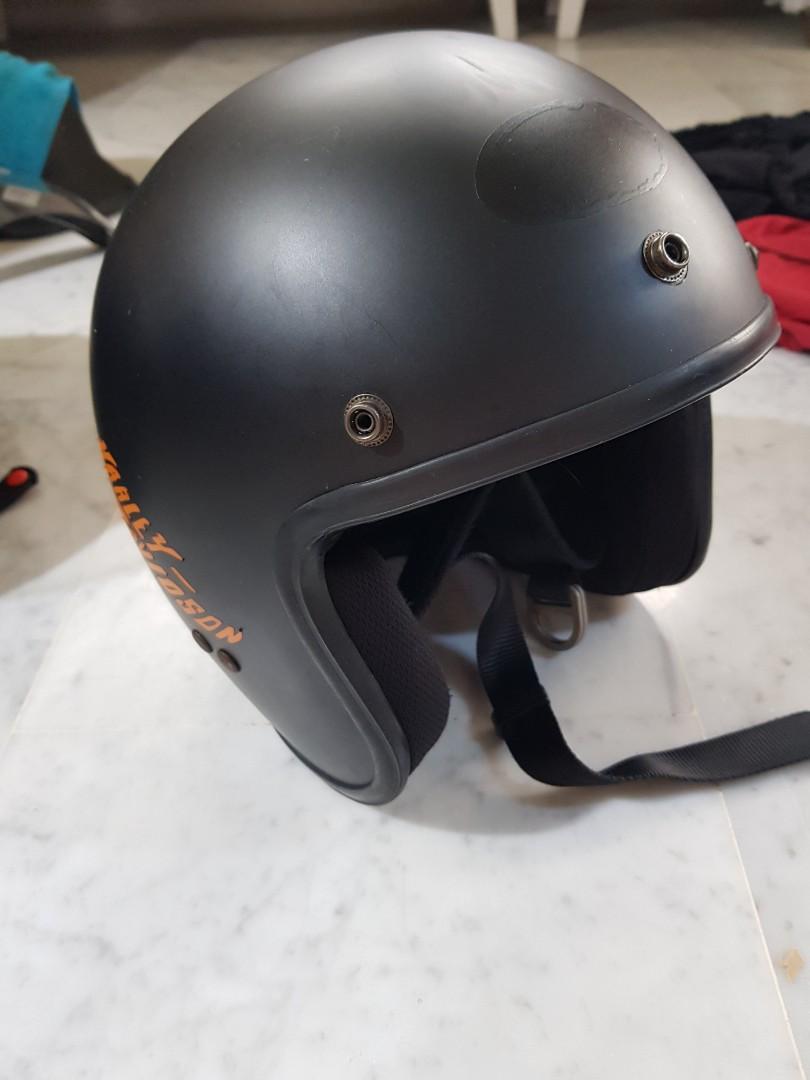 Helmets (Category: Motorcycle Accessories) located in Singapore. Submitted by greatitems (Listing ID 1158023813, Image 3). Description: Bob style . clean. no smell. covid free! custom Harley stickers com with visor. stylo. sell because not riding anymore.M size..