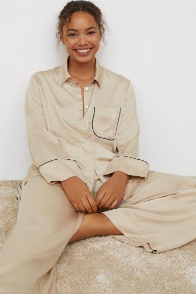 h&m hnm cream satin contrasting list pajamas piyama set baju tidur bukan  zara