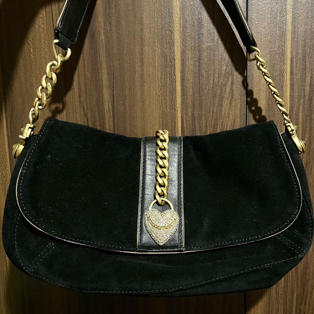 Juicy Couture Black Leather Y2K Gold Tone Chains Shoulder Bag
