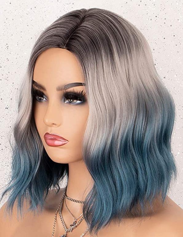 KRYSSMA Blue Ombre Wig with 3 Tones Short Wavy Synthetic Bob Wigs Glueless Heat Resistant
