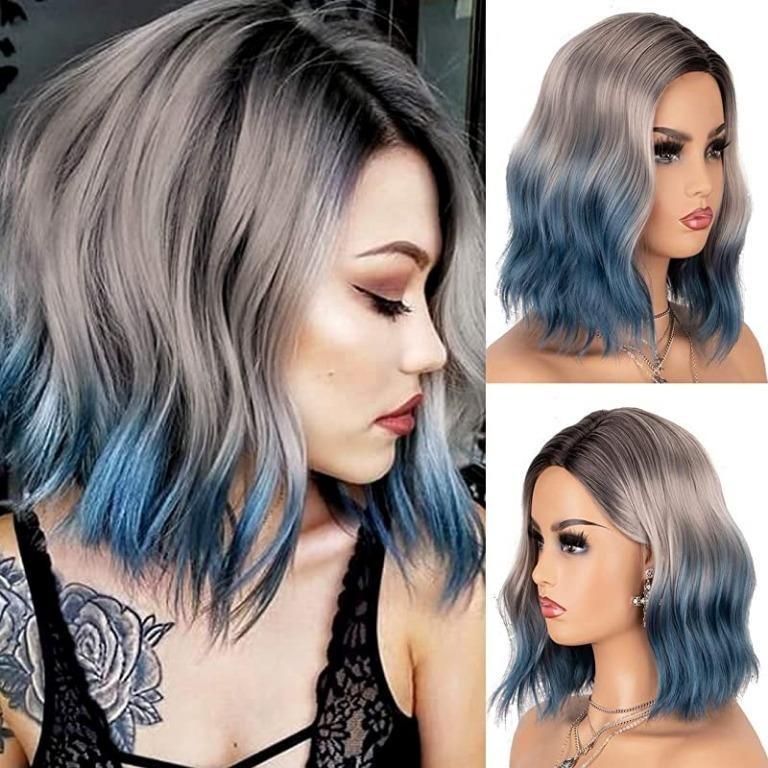 KRYSSMA Blue Ombre Wig with 3 Tones Short Wavy Synthetic Bob Wigs