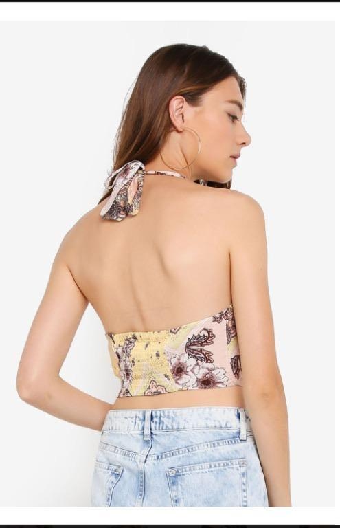 Miss Selfridge Pale Yellow Scarf Print Halter Top Women s Fashion Muslimah Fashion Tops on Carousell