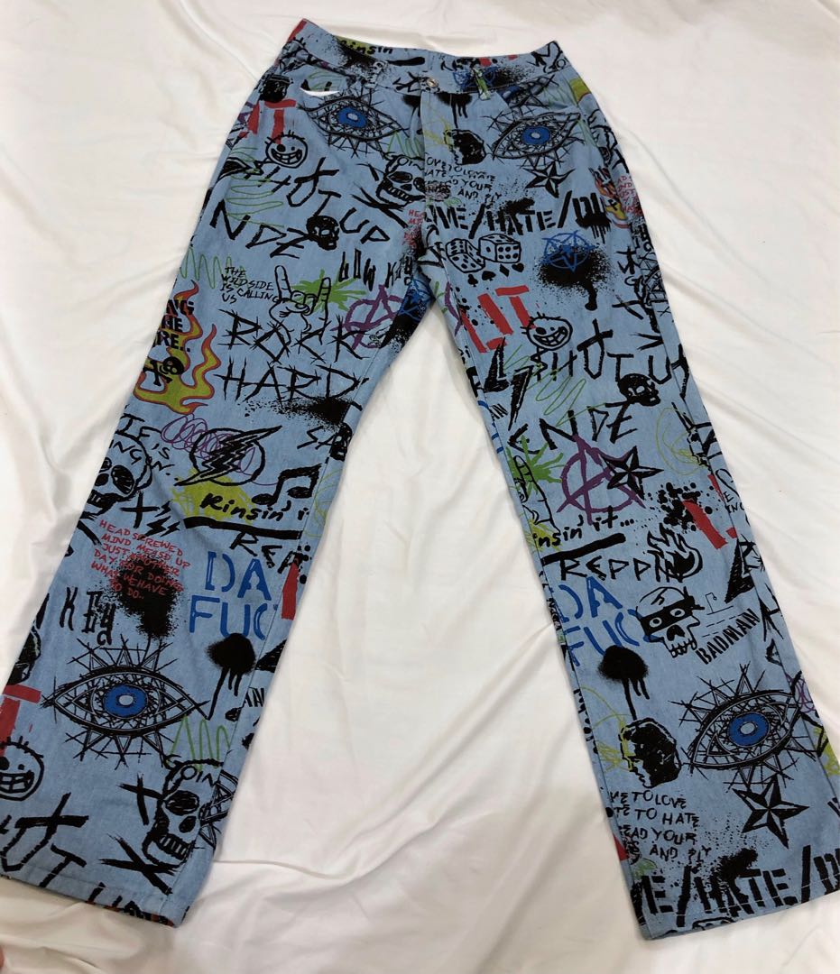 SHEIN GRAPHIC BAGGY PANTS, Women's Fashion, Bottoms, Jeans on Carousell
