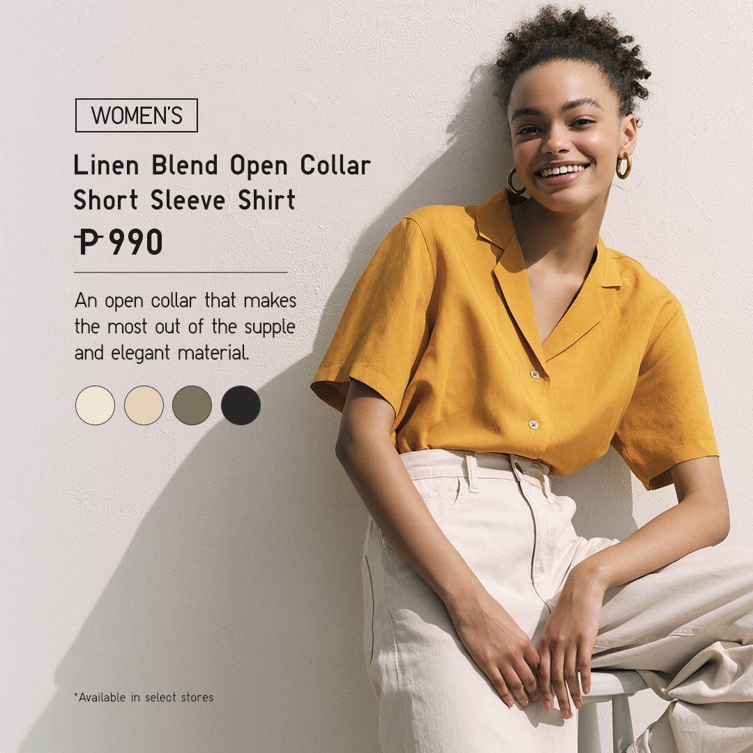 Uniqlo Linen Blend Open Collar Top Women S Fashion Tops Blouses On Carousell