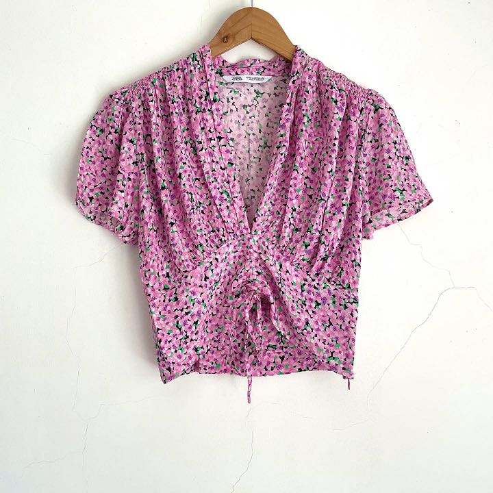 ZARA FLORAL RUCHED TOP, Women's Fashion, Tops, Blouses on Carousell