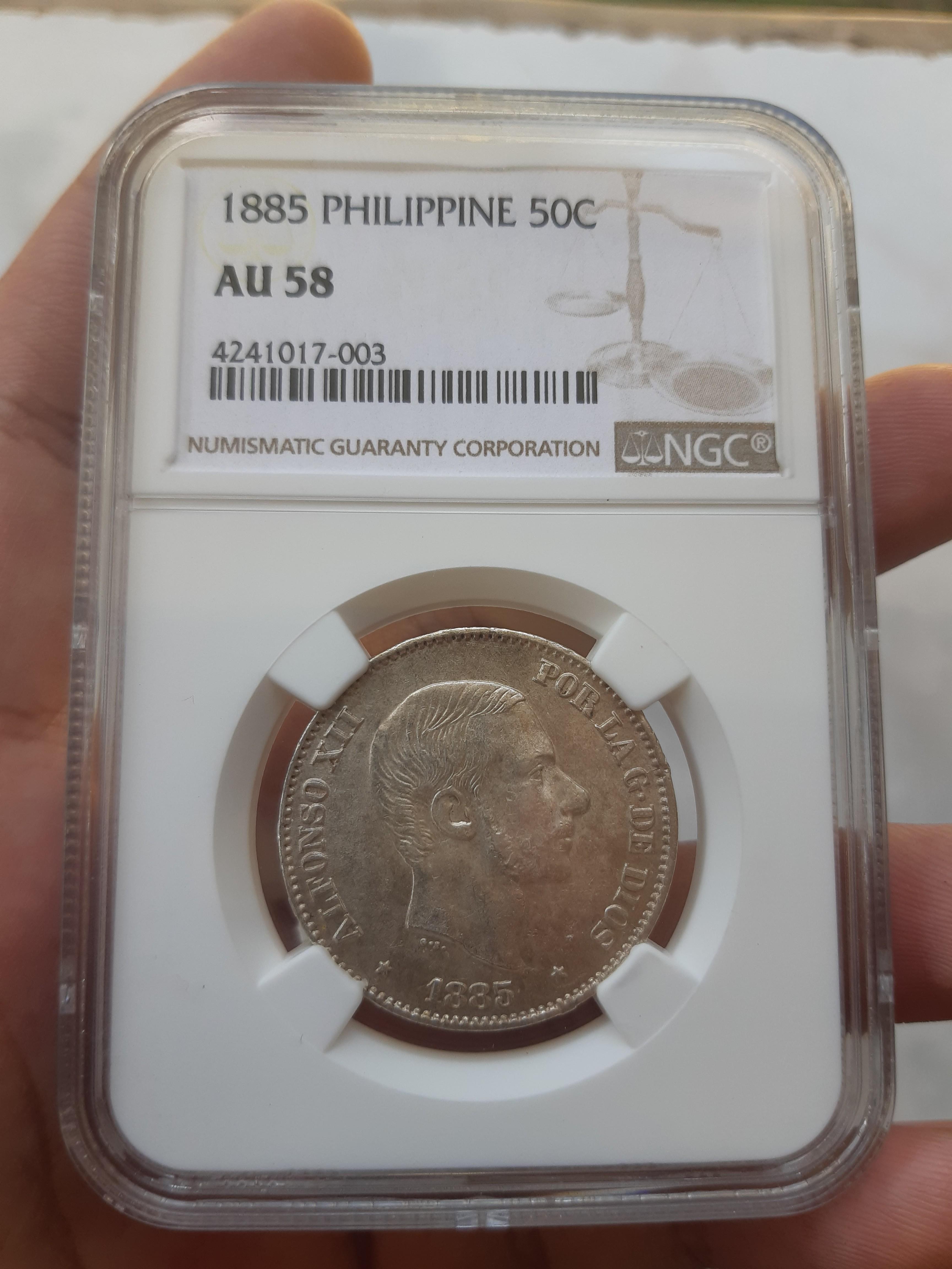 1885 Philippine 50c NGC slabbed silver coin (Category: Currency) located in Lipa City. Submitted by kcoins (Listing ID 1152983249, Image 1). Description: 1885 50c Alfonso XII NGC slabbed coin Slab is clear no scratches Guaranteed authentic plus SF.