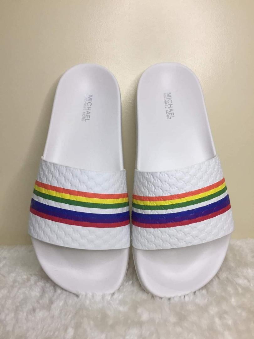 MK Gilmore Slide Embossed Leather Rainbow Print in Optic White US 6 with box