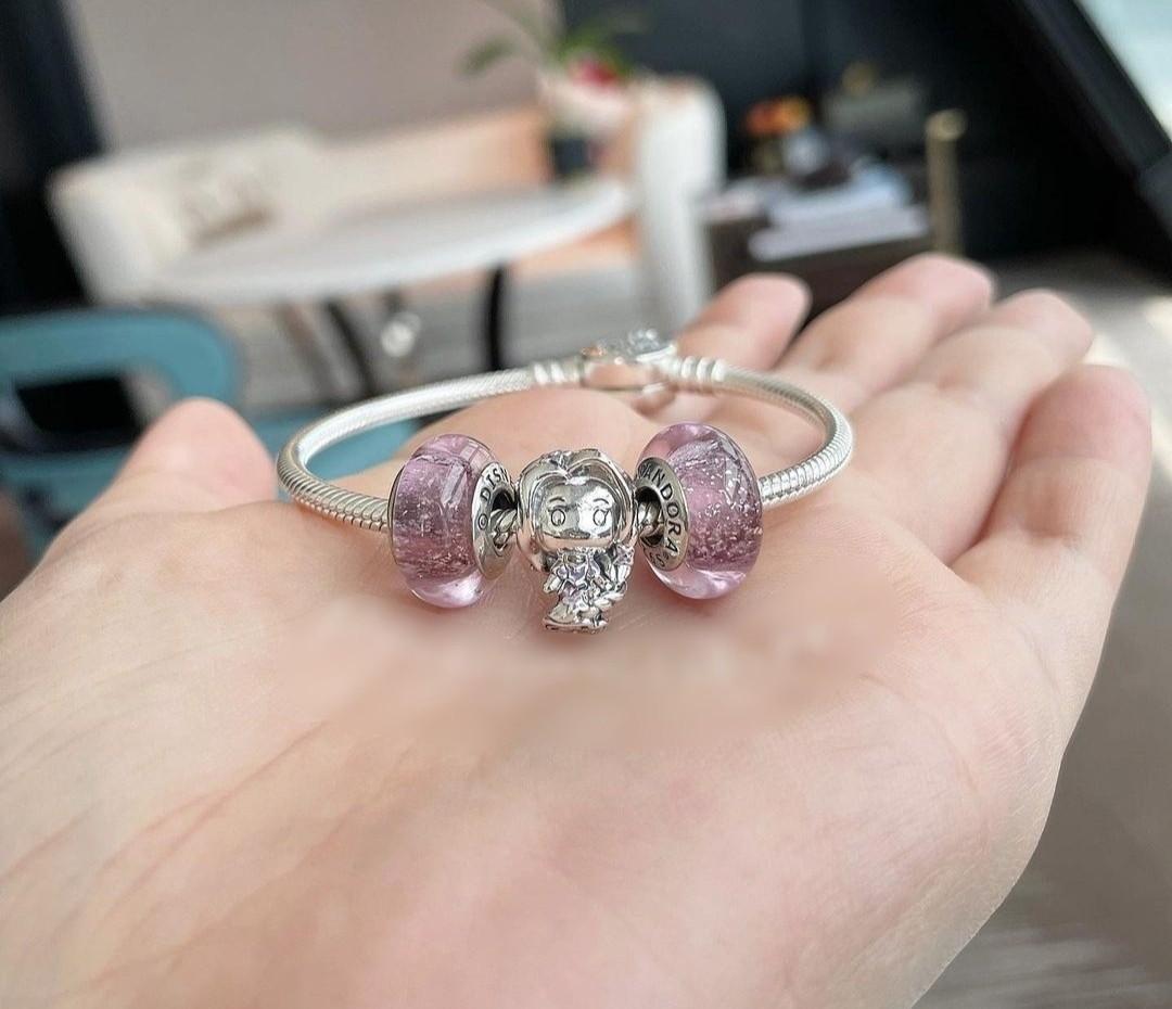 BIG SALE PANDORA AUTH SNAKE CHAIN BRACELET with DISNEY PRINCESS RAPUNZEL AND PURPLE GLASS MURANO CHARM SET