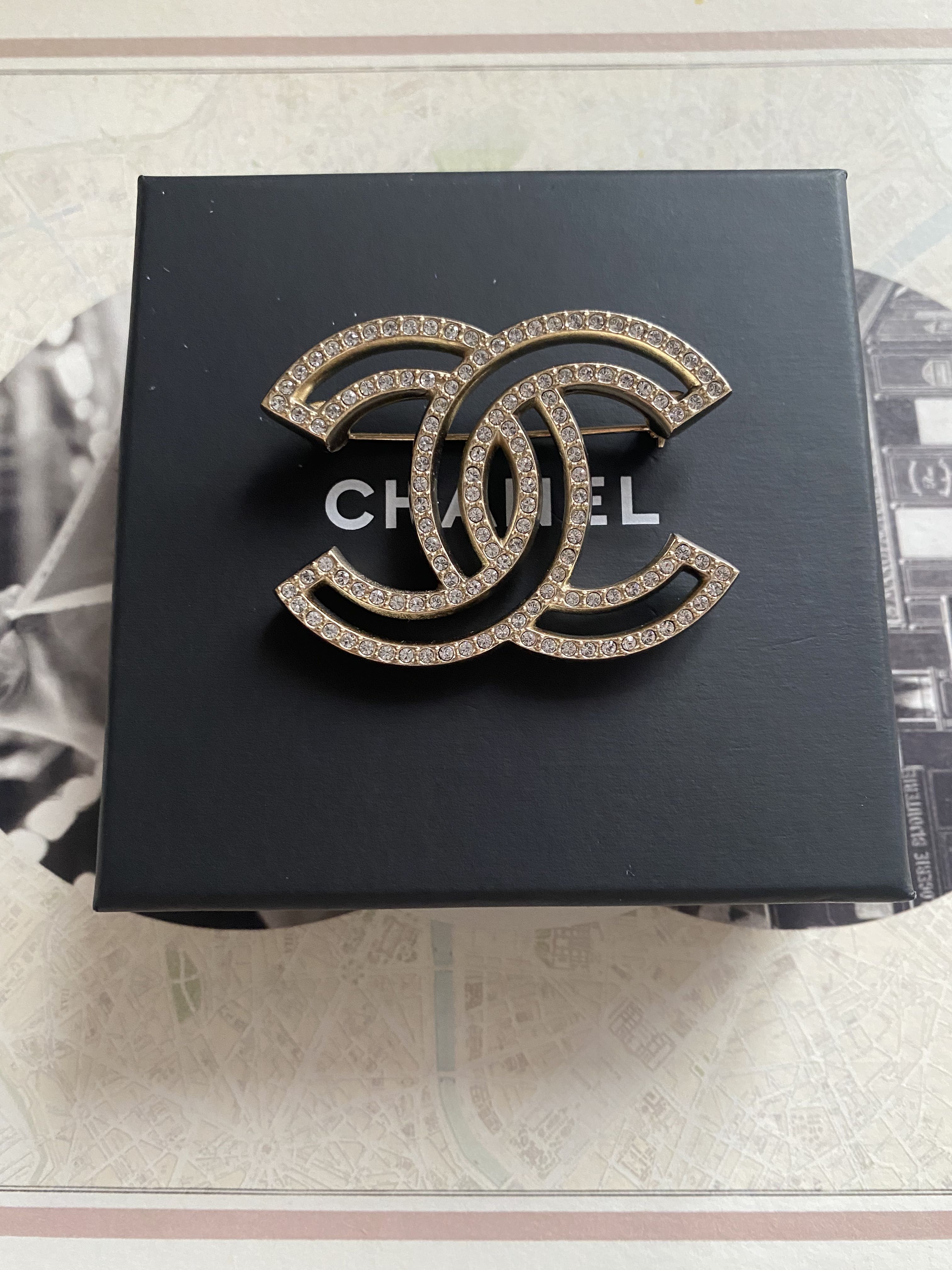 Base Metal & Strass Chanel Costume Double Logo Brooch by WP