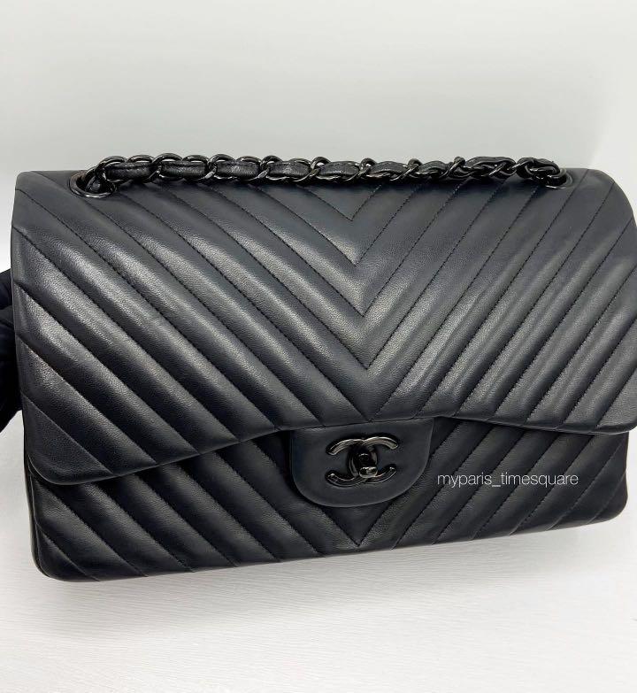 C.h.a.n.e.l So Black Chevron Lambskin Jumbo Classic Double Flap Bag,  Luxury, Bags & Wallets on Carousell