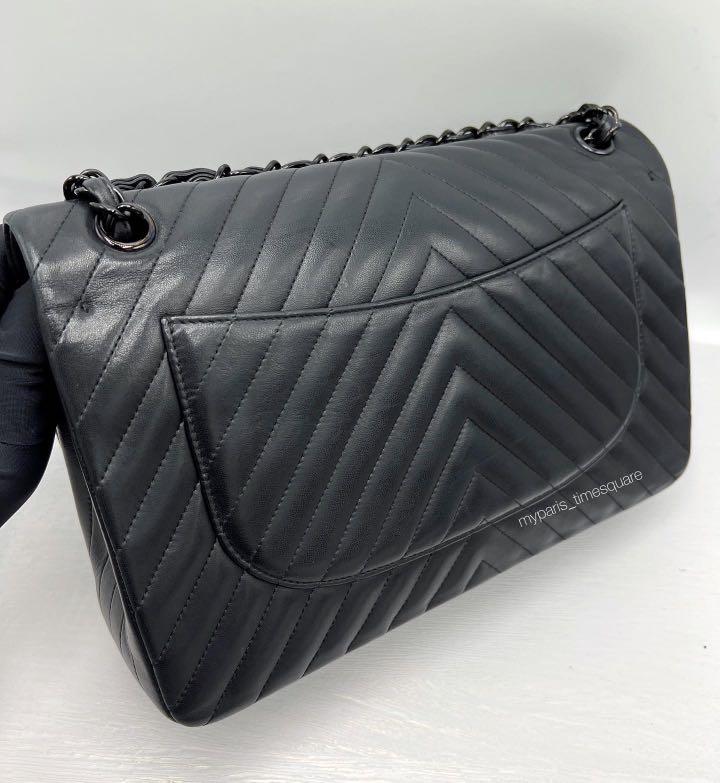 C.h.a.n.e.l So Black Chevron Lambskin Jumbo Classic Double Flap Bag