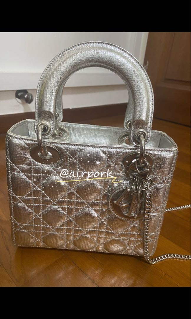 SILVER METALLIC GRAINED CALFSKIN CANNAGE LEATHER SMALL LADY DIOR BAG -  styleforless