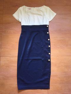 Elegant Vintage Satin Colour Navy Block Dress with Pearl Buttons