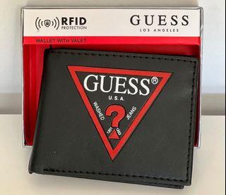 GUESS BLACK RED SIGNATURE LOGO RFID PROTECTION BILLFOLD BIFOLD LEATHER & VALET WALLET $42