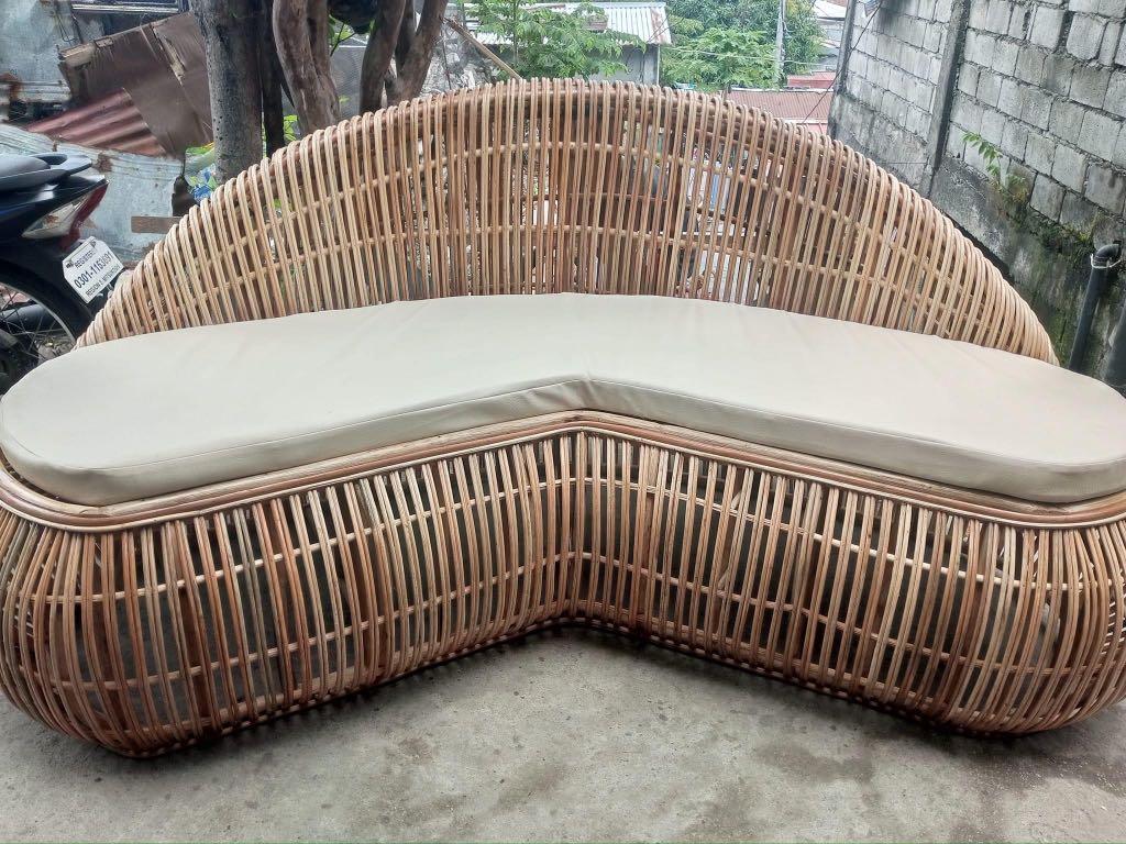 L shape rattan Sofa with Cushion included (Category: Sofas) located in Paranaque City. Submitted by FLess.ph (Listing ID 1153148414, Image 1). Description: Made of Authentic rattan 36 inches width x 75 inches length Handmade by our local weavers Well treated wood ☑️☑️☑️ Cushion cover ( colour ) can be chosen 3 inches uratex cushion Php 28,000 only .
