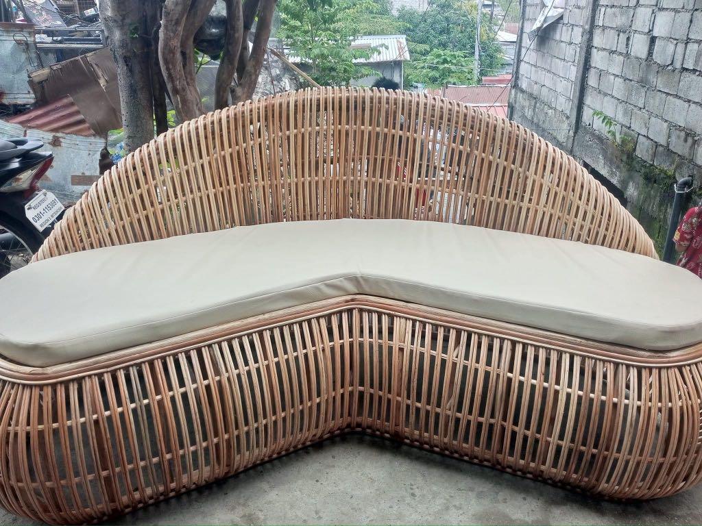 L shape rattan Sofa with Cushion included (Category: Sofas) located in Paranaque City. Submitted by FLess.ph (Listing ID 1153148414, Image 3). Description: Made of Authentic rattan 36 inches width x 75 inches length Handmade by our local weavers Well treated wood ☑️☑️☑️ Cushion cover ( colour ) can be chosen 3 inches uratex cushion Php 28,000 only .
