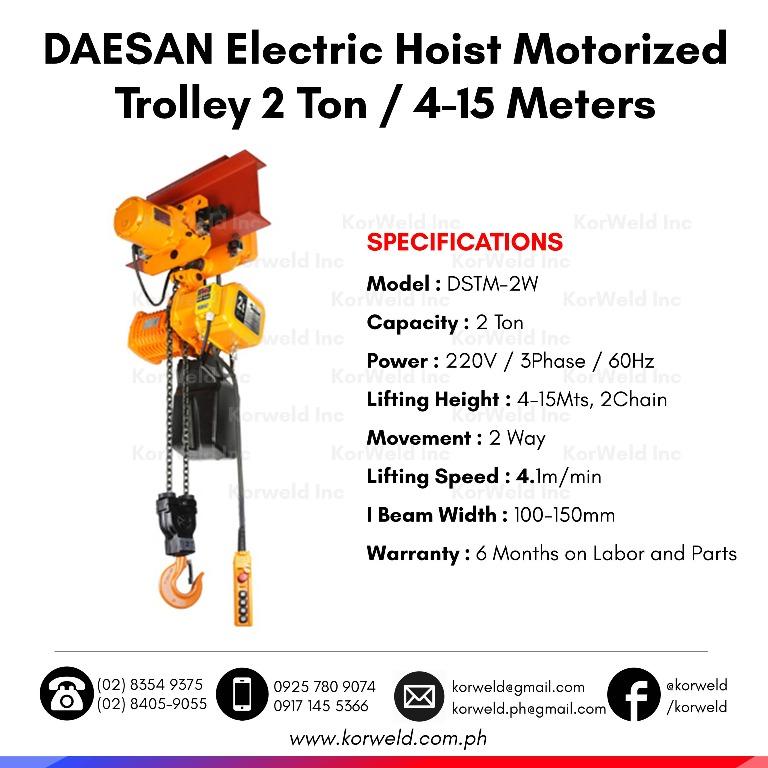 Motorized Trolley Electric Chain Hoist 2 Tons, Commercial & Industrial ...