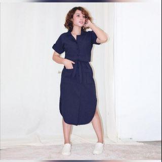 Navy Blue Button-down Linen Polo Dress with Tie
